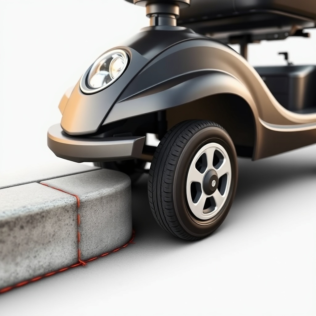 Photorealistic side-angle view of a Pride Mobility Go-Go Elite Traveller with its front wh