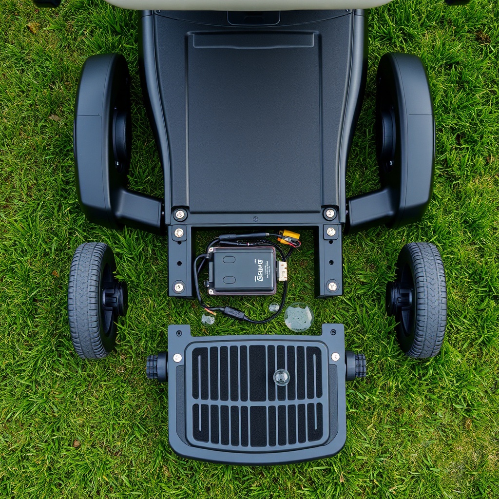Photorealistic overhead close-up of a Pride Mobility Go-Go Elite Traveller’s disassembled