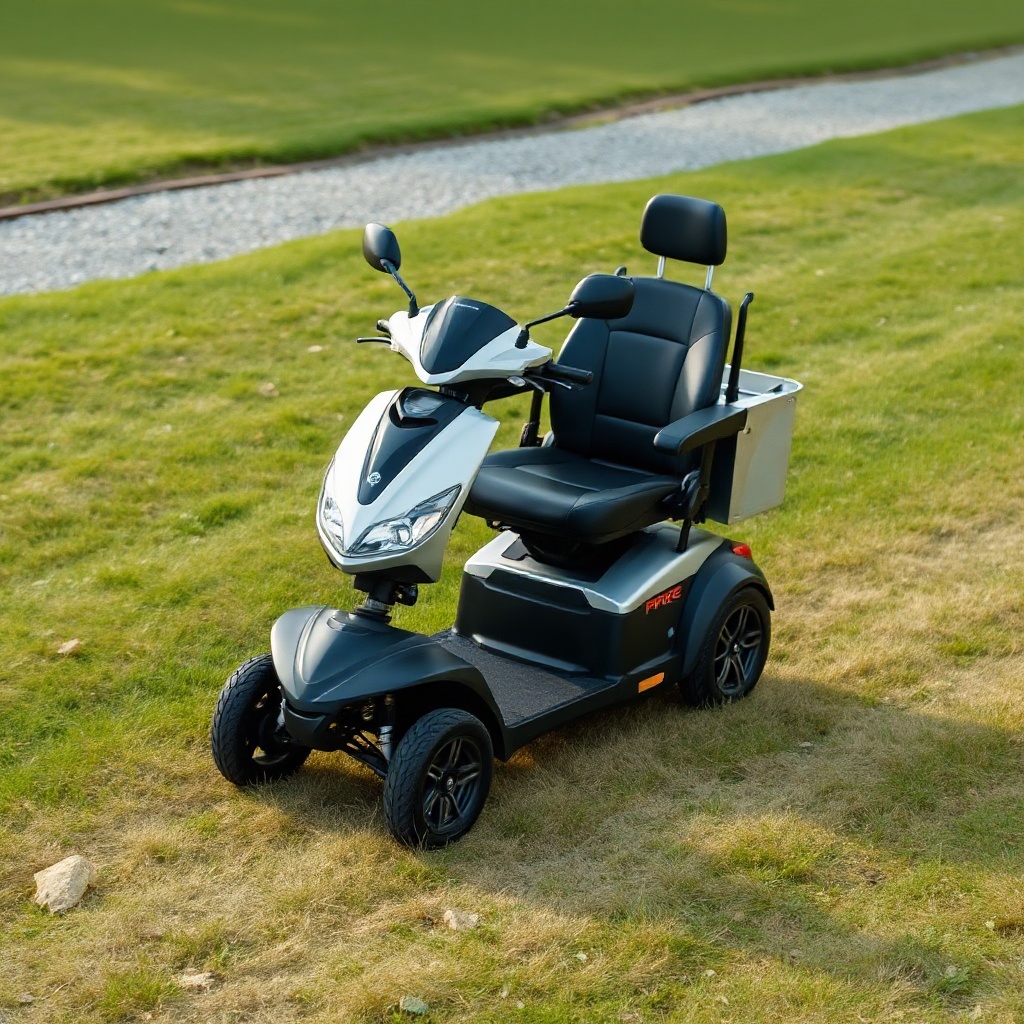 <clean photorealistic photo of a Pride Mobility Go-Go Elite Traveller scooter moving smoot