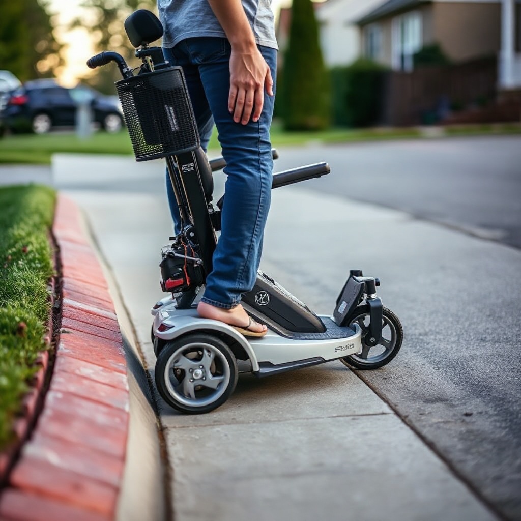 <clean photorealistic photo of a Pride Mobility Go-Go Elite Traveller on a curb ramp besid